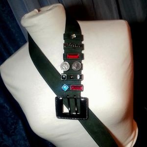 Escada Vintage Suede olive army green faux gems coins studs Belt size 42